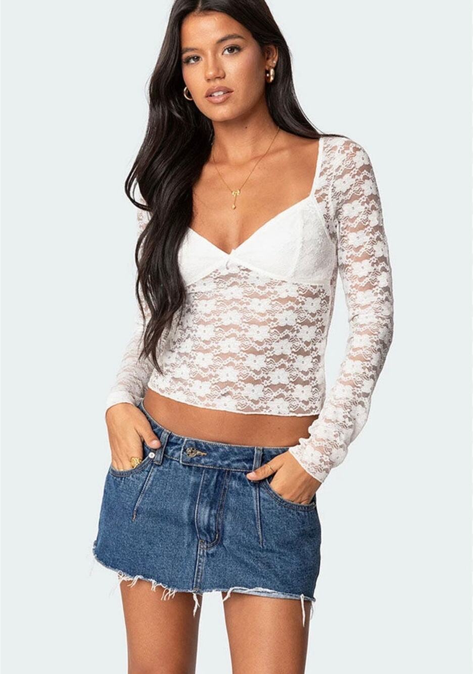 White Sheer Top Long Sleeve Y2K Coquette Whimsygoth Lace Cropped Shirt S